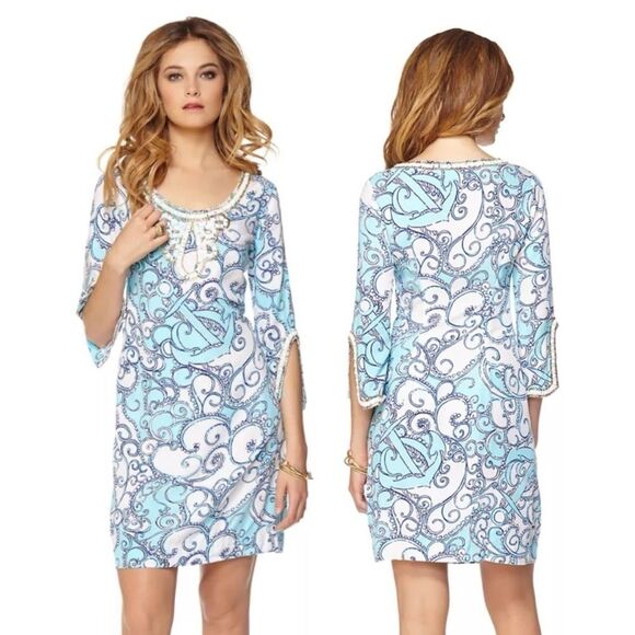 Lilly Pulitzer Sarah Beaded Tunic Dress Spa Blue Shape Up Ship Out XS Coastal - Picture 1 of 7